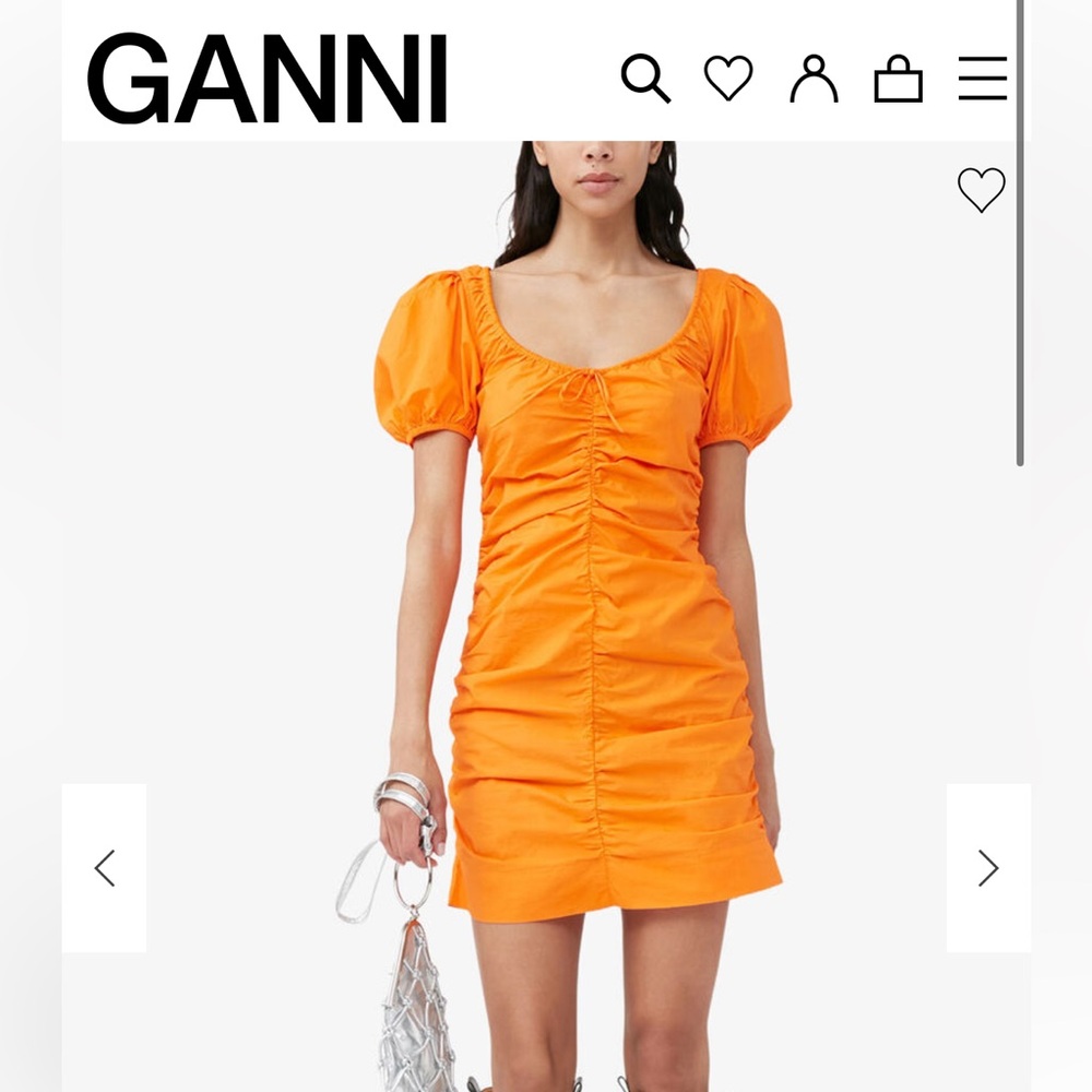 Ganni Orange Ruched Puff-Sleeve Mini Dress